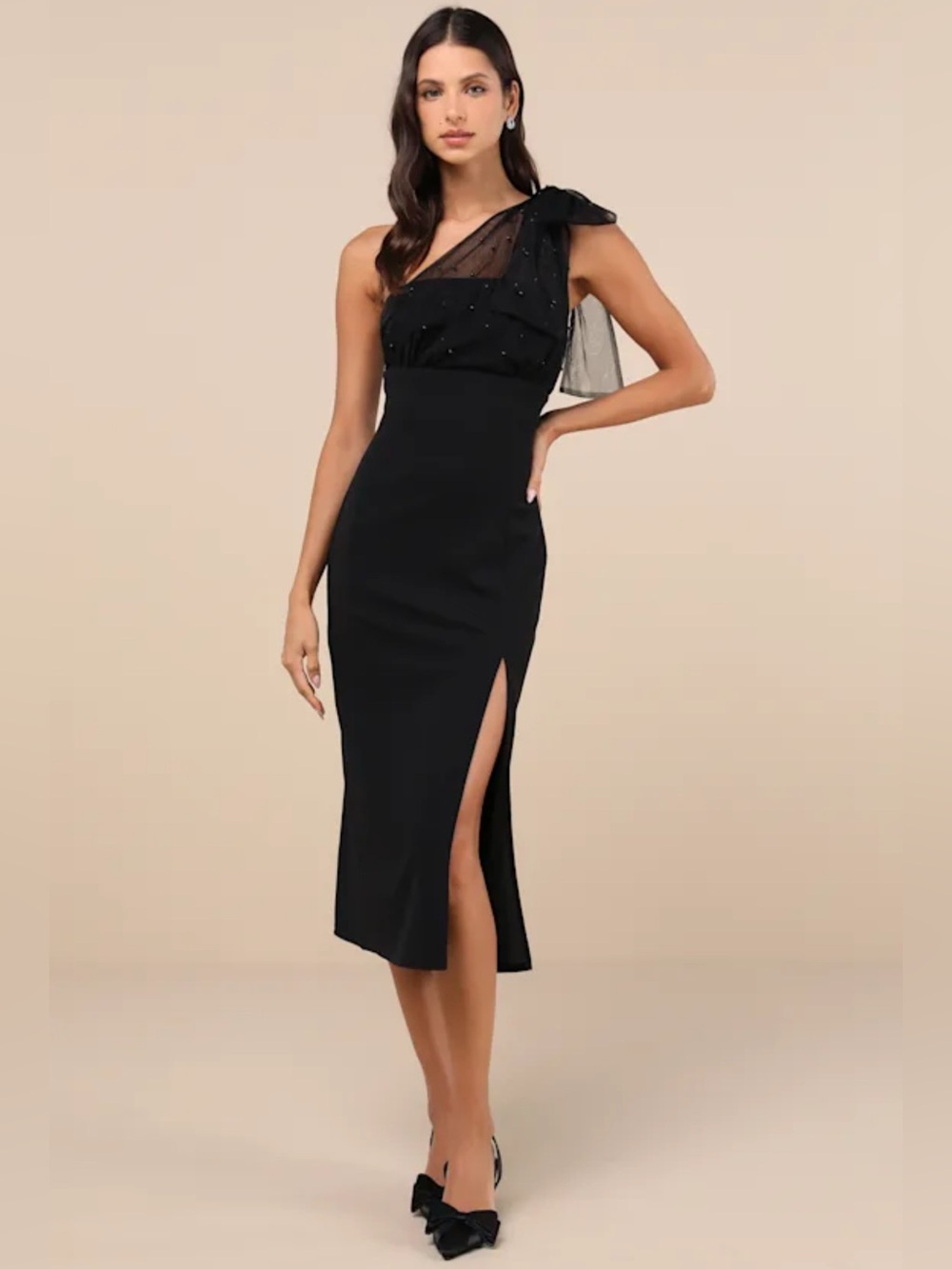LULUS Elegant Indication Black Mesh Pearl One-Shoulder Midi Dress NWT L